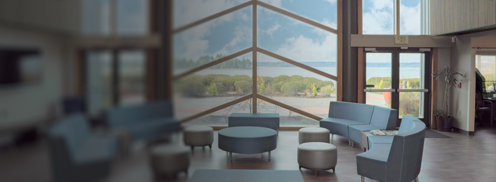 A view of the Salish Sea through the Karen I. Fryberg Tulalip Health Clinic windows.